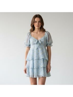 ALTAR’D STATE “Ruby” Baby Blue Floral Tiered Ruffle Puff Sleeve Mini Dress Sz S